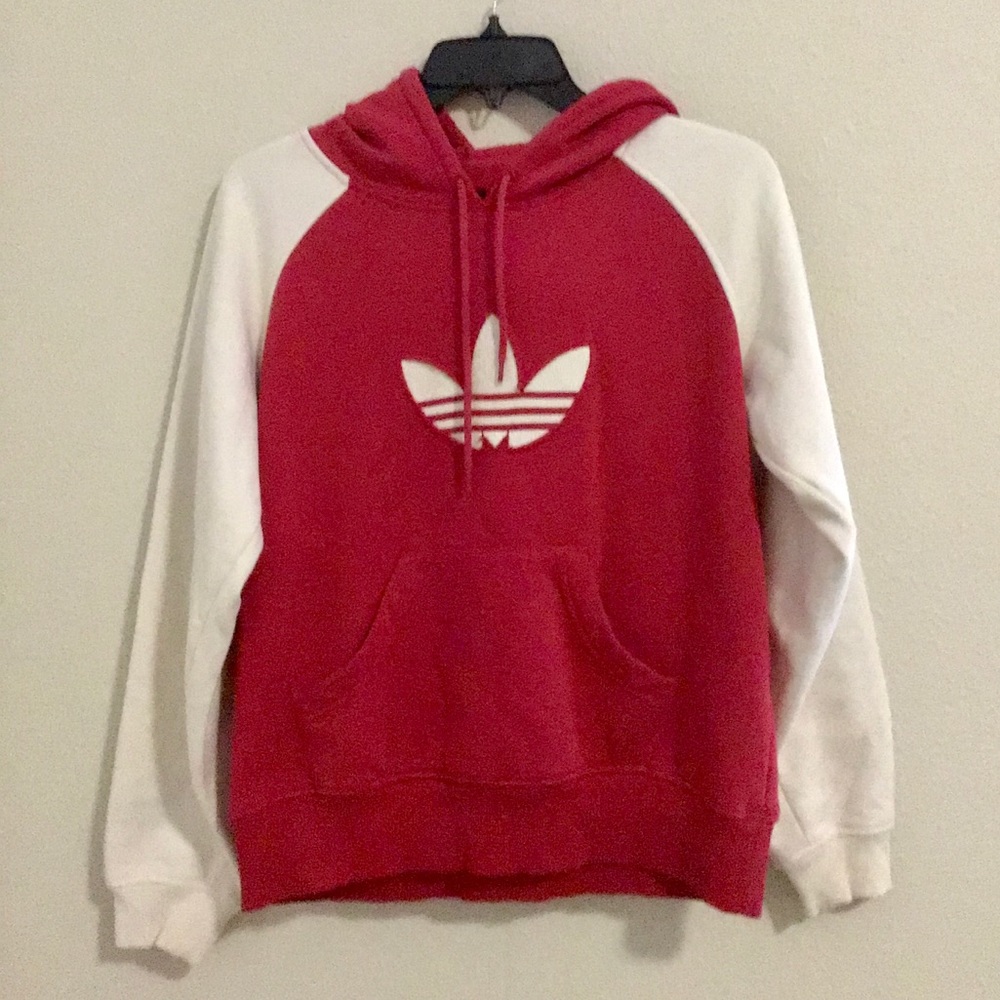Vintage red adidas Hoodie with cream sleeves